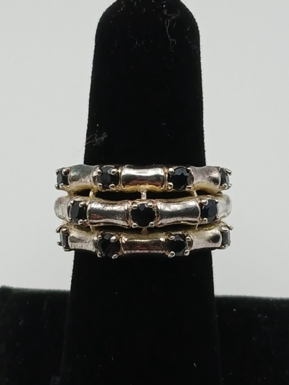 Vintage 925 Multi Tier Sterling Silver Bamboo Wide Band Ring Black Sapphire Sz